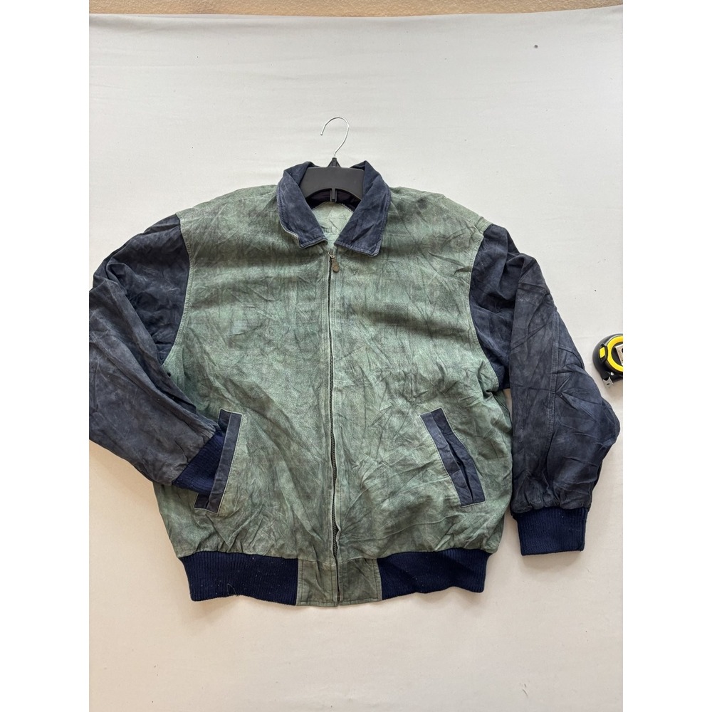 Preston & York Vintage 90s Leather Bomber Jacket Sage Green Navy Blue Mens L